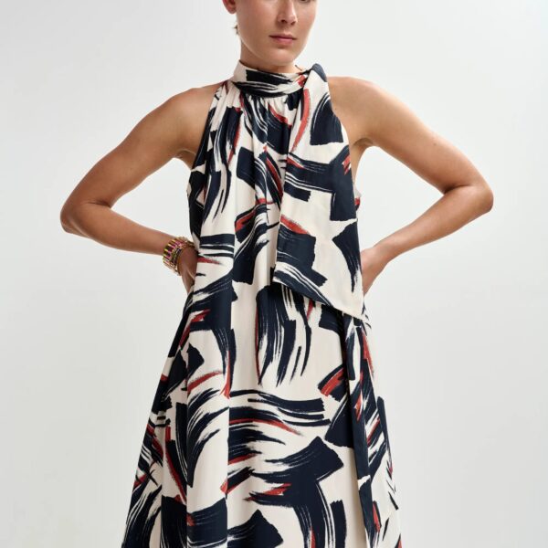 Essentiel Antwerp Off-white, black and brown high neck maxi dress with knot detail, view 4