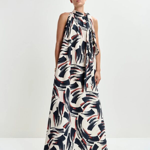 Essentiel Antwerp Off-white, black and brown high neck maxi dress with knot detail, view 5