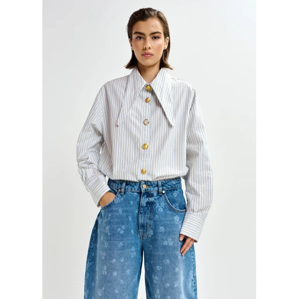 Essentiel Antwerp Off-white, black and light blue striped cotton shirt with elongated collar and mismatched buttons, view 2