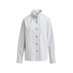 Essentiel Antwerp Off-white, black and light blue striped cotton shirt with elongated collar and mismatched buttons