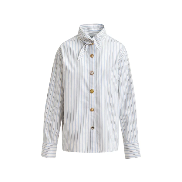 Essentiel Antwerp Off-white, black and light blue striped cotton shirt with elongated collar and mismatched buttons