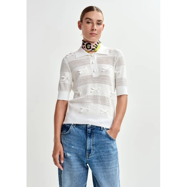 Essentiel Antwerp Off-white bow-embellished knit polo, view 3