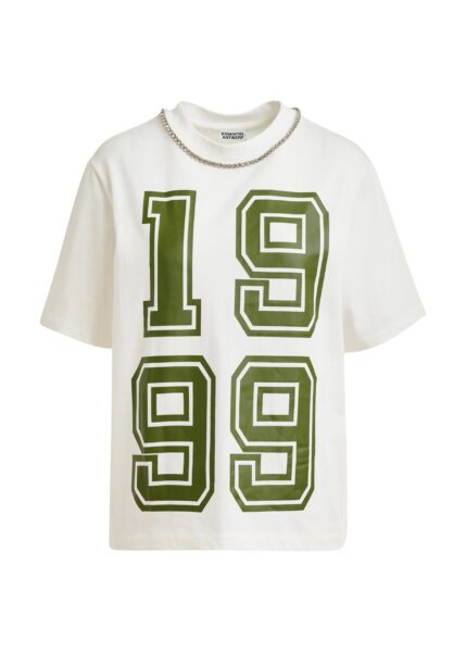 Off-white cotton T-shirt with rhinestone embellished neckline and green numeric print