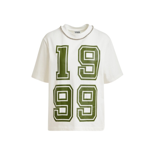 Off-white cotton T-shirt with rhinestone embellished neckline and green numeric print