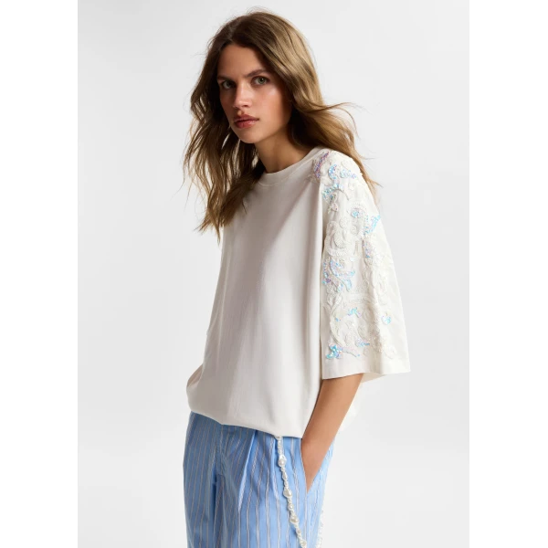 Essentiel Antwerp Off-white cotton T-shirt with sequin and bead embellishments Top, view 6