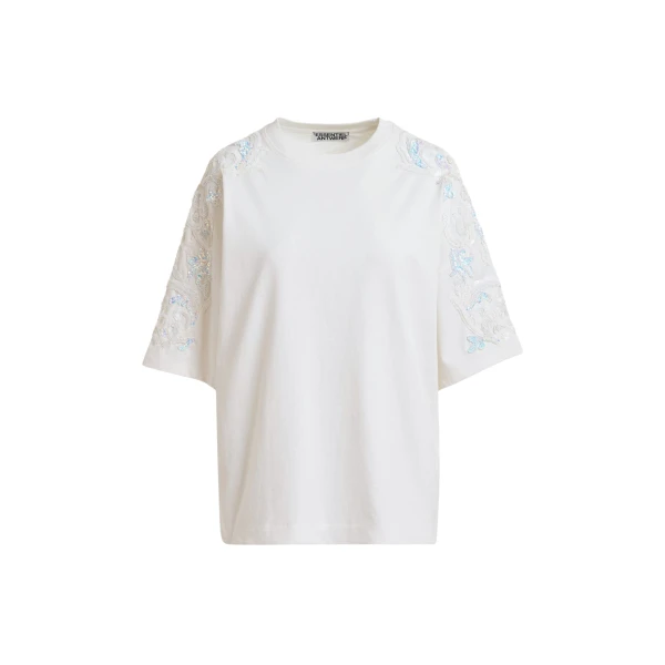 Essentiel Antwerp Off-white cotton T-shirt with sequin and bead embellishments Top