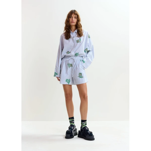 Essentiel Antwerp Off-white cotton mini shorts with light blue pinstriped embroidered with sequin and bead embellishments, view 2