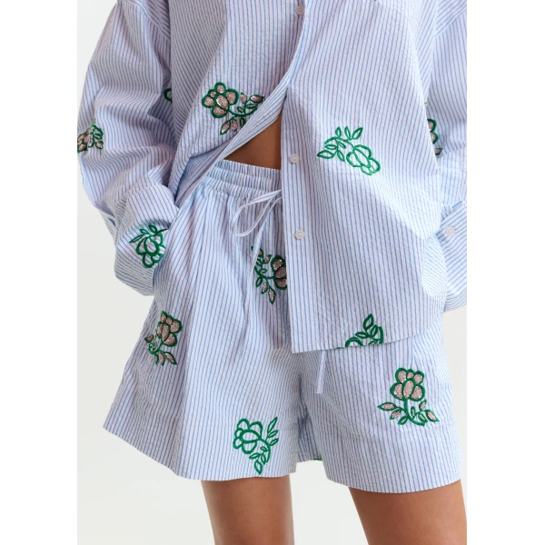 Essentiel Antwerp Off-white cotton mini shorts with light blue pinstriped embroidered with sequin and bead embellishments, view 3
