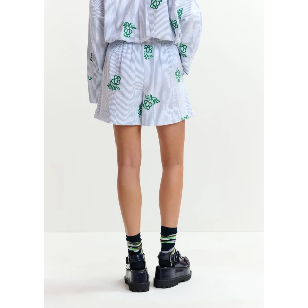 Essentiel Antwerp Off-white cotton mini shorts with light blue pinstriped embroidered with sequin and bead embellishments, view 5