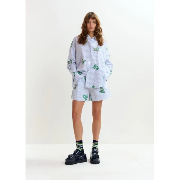 Essentiel Antwerp Off-white cotton mini shorts with light blue pinstriped embroidered with sequin and bead embellishments, view 6