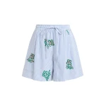 Essentiel Antwerp Off-white cotton mini shorts with light blue pinstriped embroidered with sequin and bead embellishments