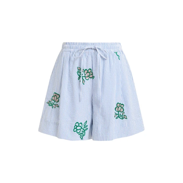 Essentiel Antwerp Off-white cotton mini shorts with light blue pinstriped embroidered with sequin and bead embellishments
