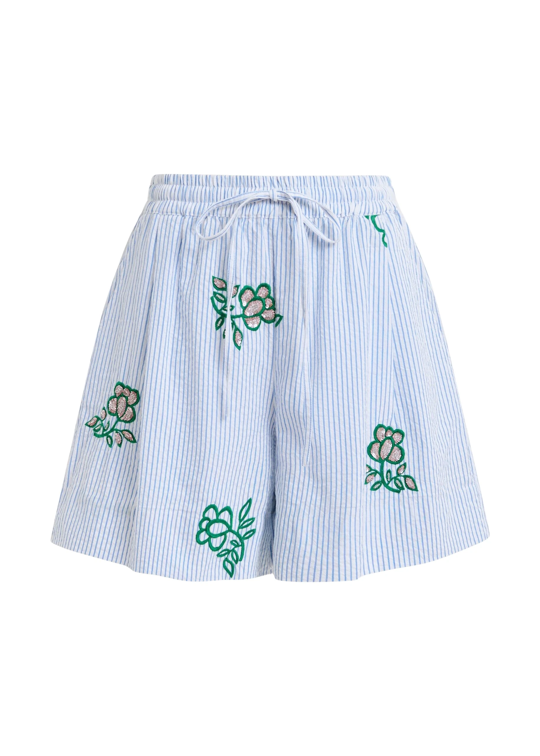 Off-white cotton mini shorts with light blue pinstriped embroidered with sequin and bead embellishments
