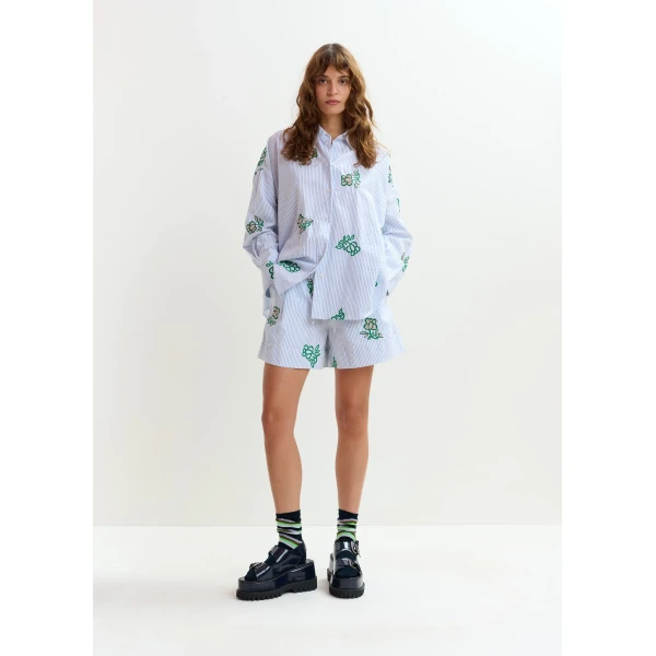 Essentiel Antwerp Off-white cotton shirt with light blue pinstripes and embroidered details, view 6