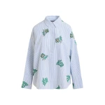 Essentiel Antwerp Off-white cotton shirt with light blue pinstripes and embroidered details