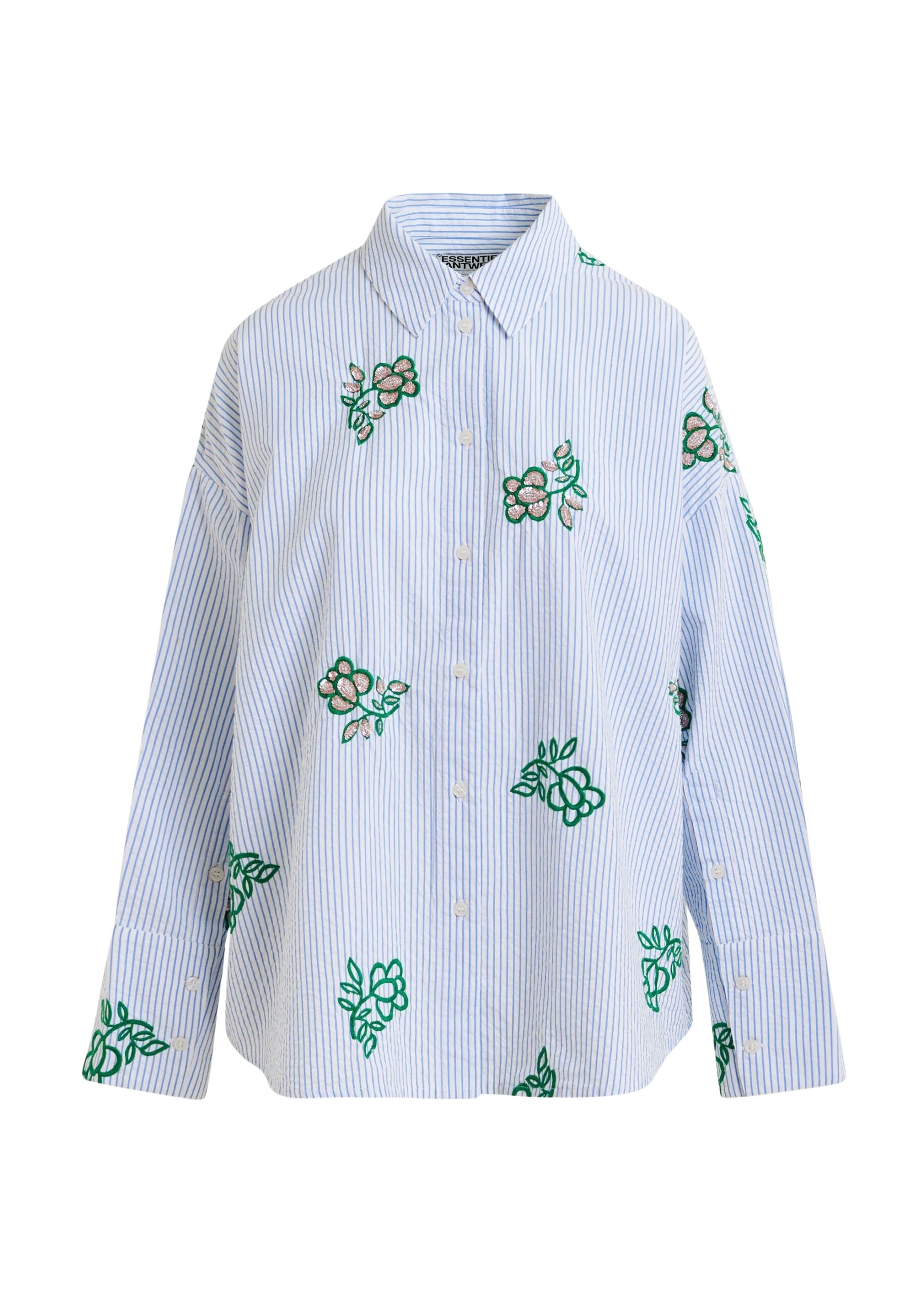 Off-white cotton shirt with light blue pinstripes and embroidered details