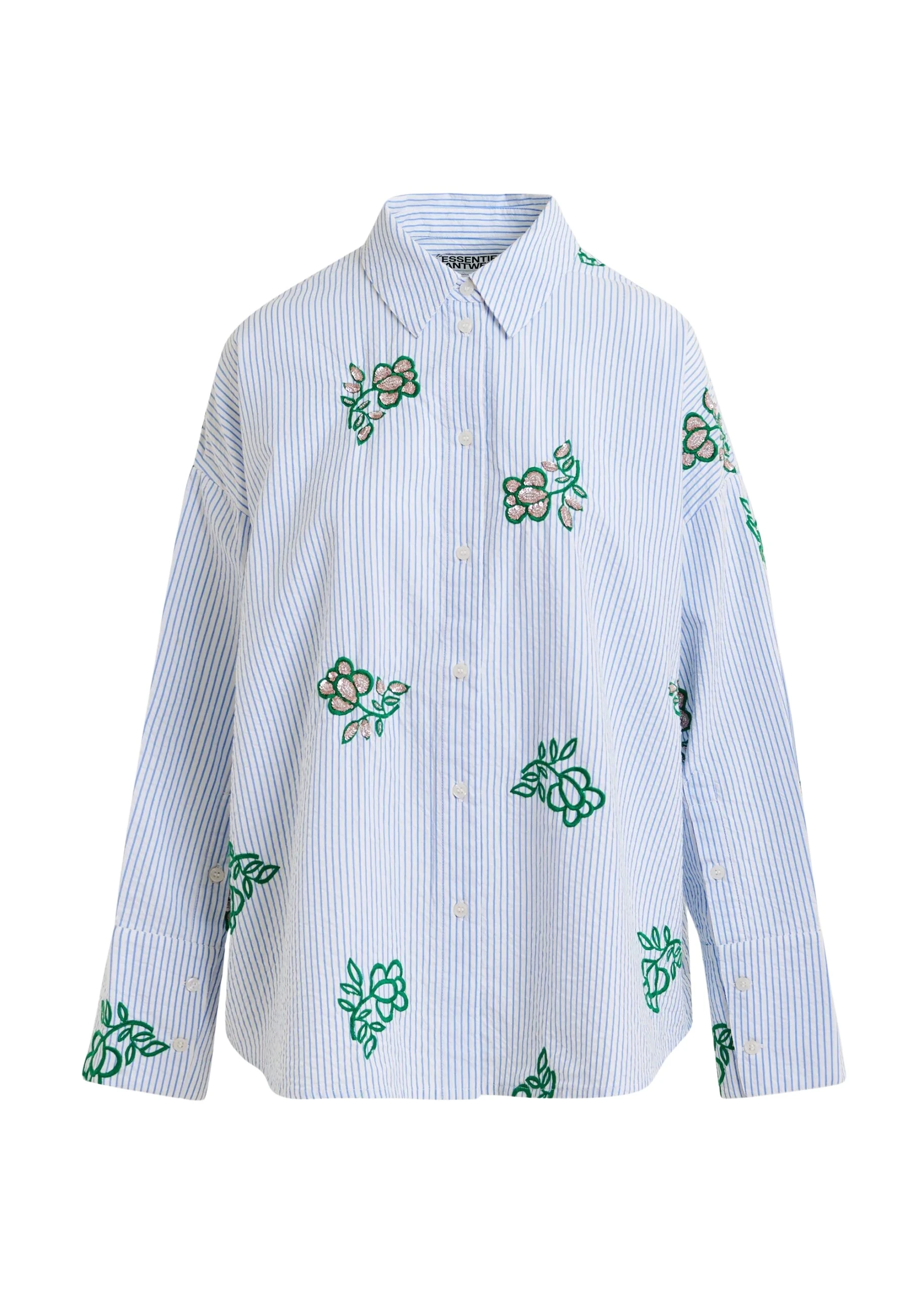 Essentiel Antwerp Off-white cotton shirt with light blue pinstripes and embroidered details