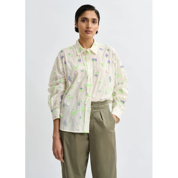 Essentiel Antwerp Off-white cotton shirt with purple and green flower sequin, rhinestone and bead embellishments, view 3