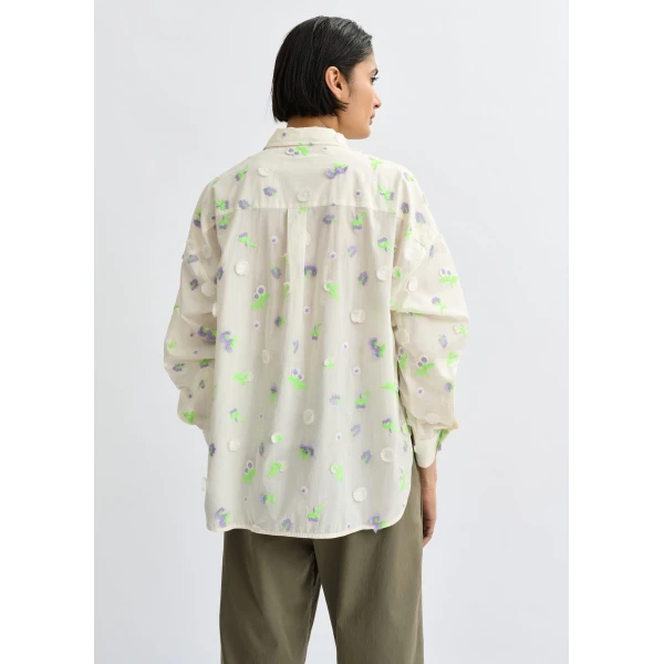 Essentiel Antwerp Off-white cotton shirt with purple and green flower sequin, rhinestone and bead embellishments, view 5