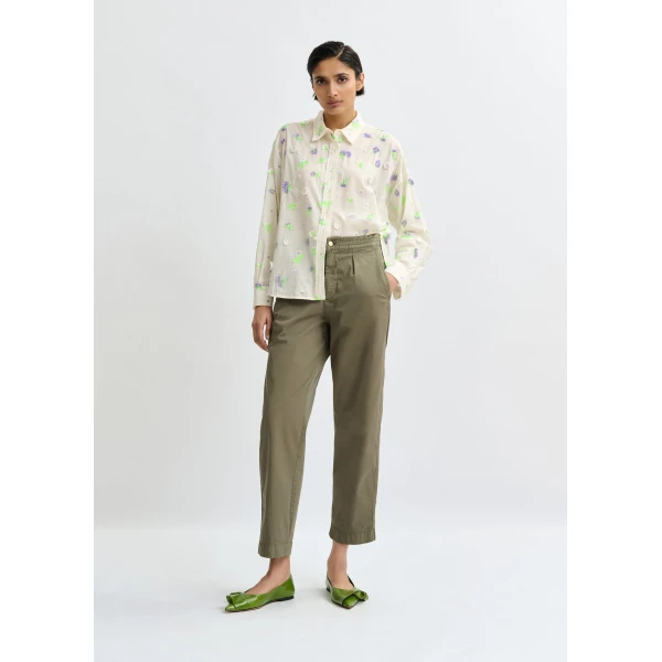 Essentiel Antwerp Off-white cotton shirt with purple and green flower sequin, rhinestone and bead embellishments, view 6