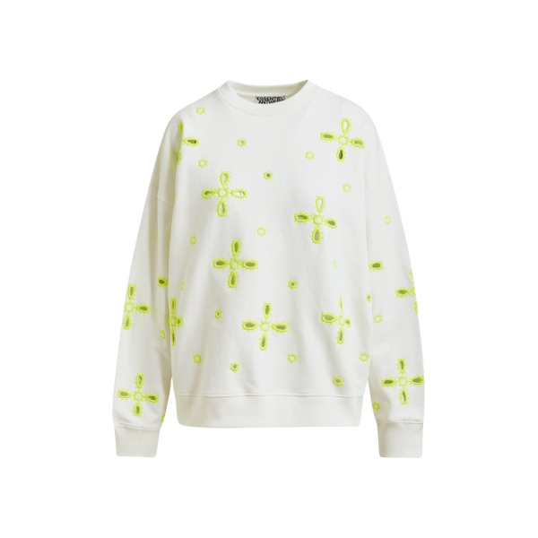 Off-white cotton sweatshirt with fluo yellow flower embroideries