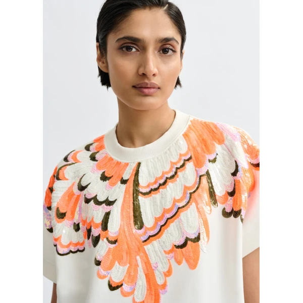 Essentiel Antwerp Off-white cotton sweatshirt with multicolor feather embellishments Top, view 3