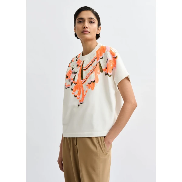 Essentiel Antwerp Off-white cotton sweatshirt with multicolor feather embellishments Top, view 5