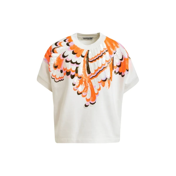 Essentiel Antwerp Off-white cotton sweatshirt with multicolor feather embellishments Top