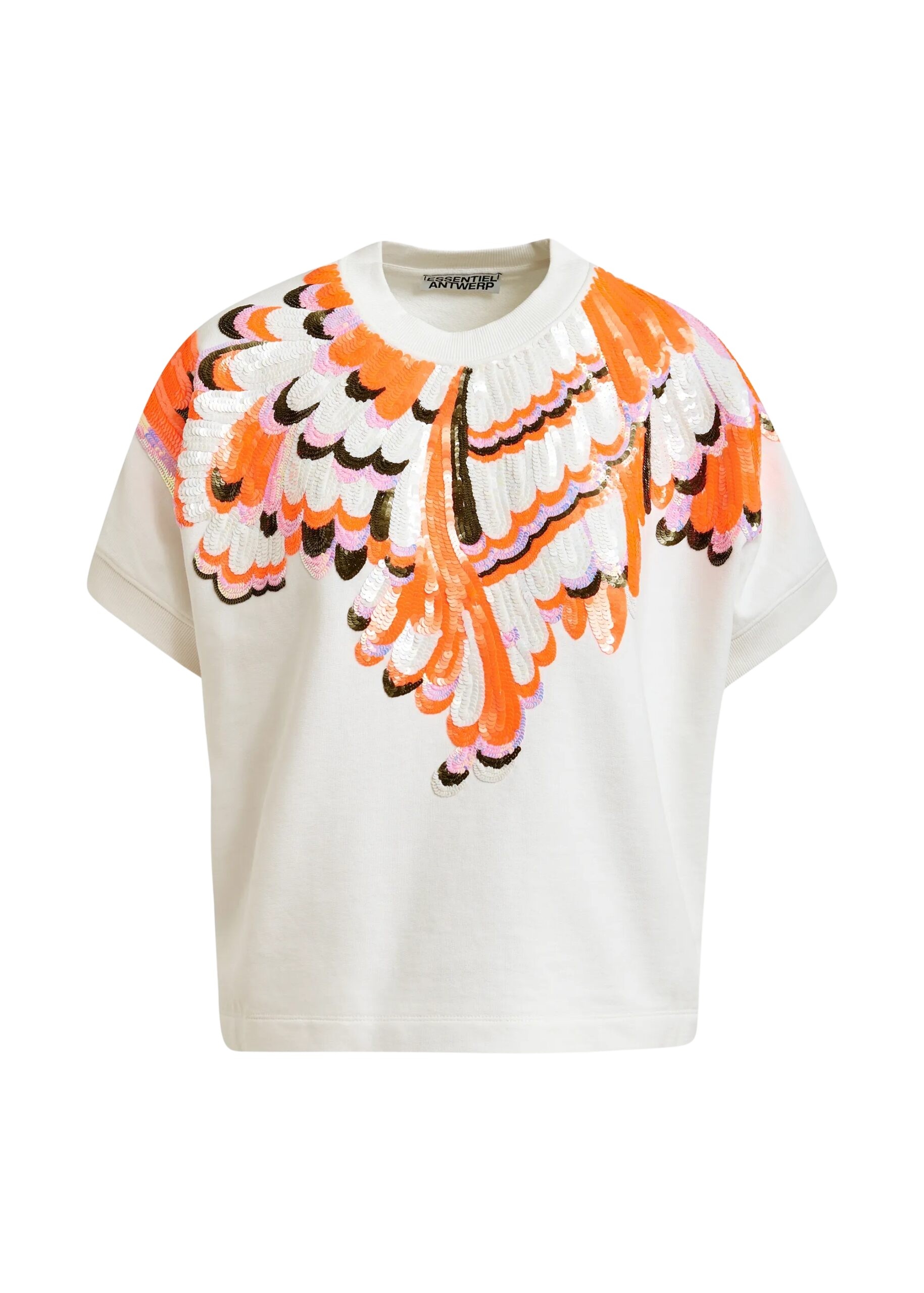 Off-white cotton sweatshirt with multicolor feather embellishments