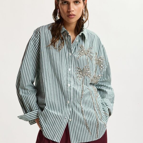 Essentiel Antwerp Off-white, green and grey oversized striped cotton shirt with sequin and bead embellishments, view 2