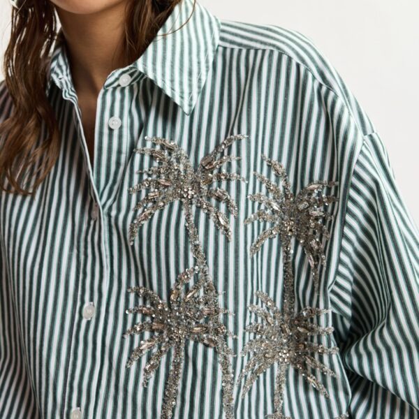 Essentiel Antwerp Off-white, green and grey oversized striped cotton shirt with sequin and bead embellishments, view 3
