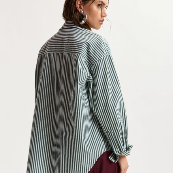 Essentiel Antwerp Off-white, green and grey oversized striped cotton shirt with sequin and bead embellishments, view 4