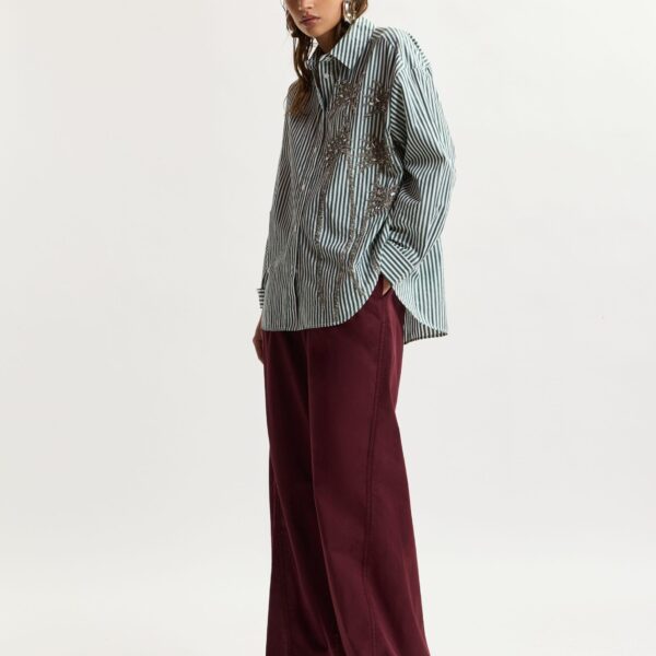 Essentiel Antwerp Off-white, green and grey oversized striped cotton shirt with sequin and bead embellishments, view 5