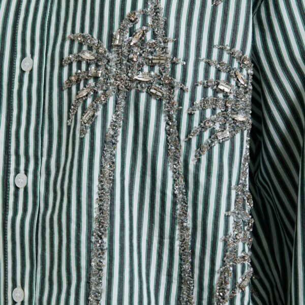 Essentiel Antwerp Off-white, green and grey oversized striped cotton shirt with sequin and bead embellishments, view 6