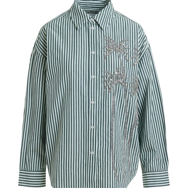 Essentiel Antwerp Off-white, green and grey oversized striped cotton shirt with sequin and bead embellishments