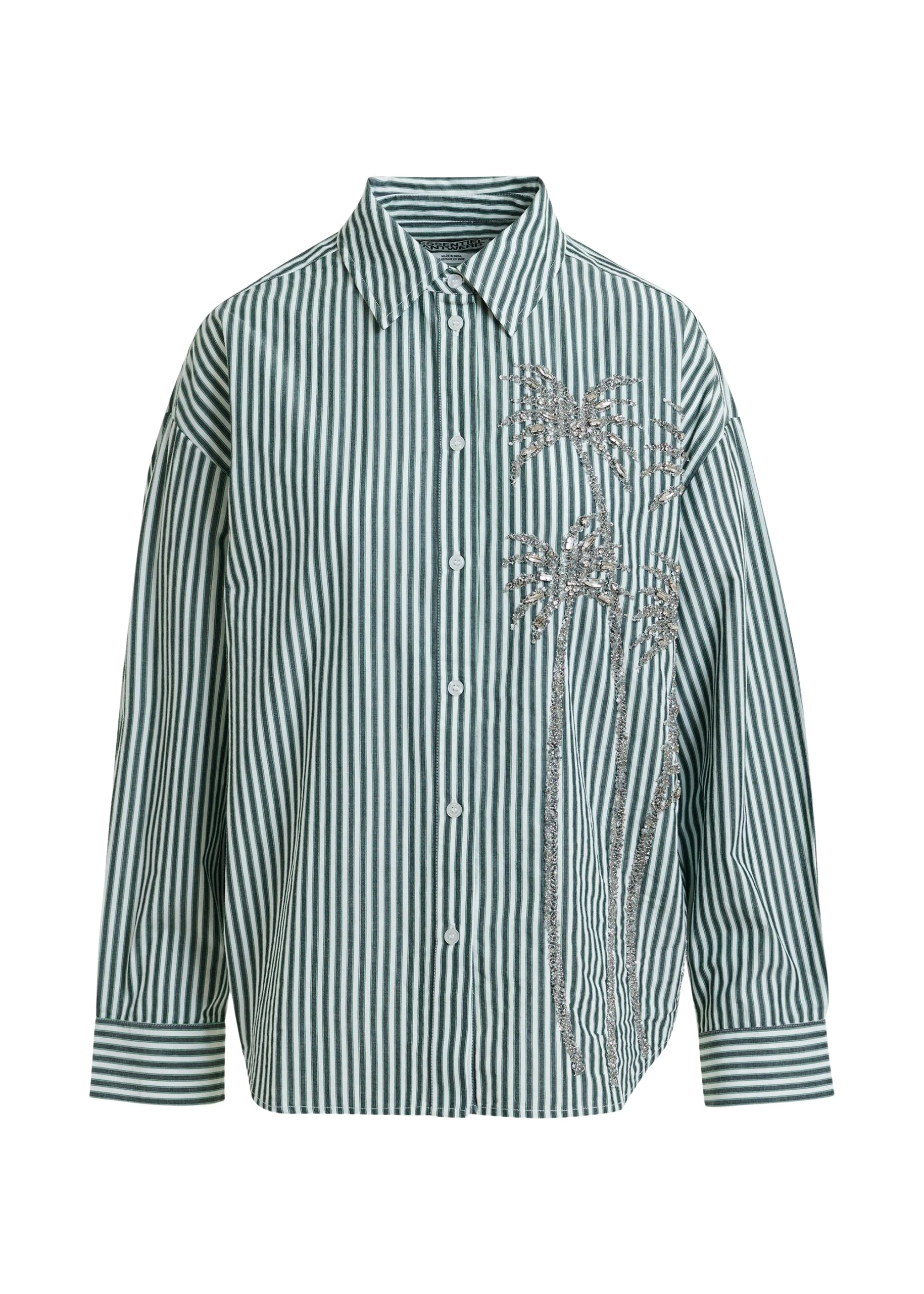 Essentiel Antwerp Off-white, green and grey oversized striped cotton shirt with sequin and bead embellishments