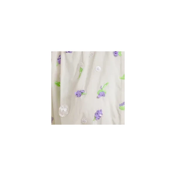 Essentiel Antwerp Off-white knee-length dress with mandarin collar and purple and green embellishments, view 2