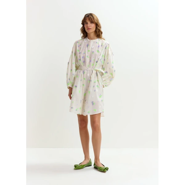Essentiel Antwerp Off-white knee-length dress with mandarin collar and purple and green embellishments, view 3