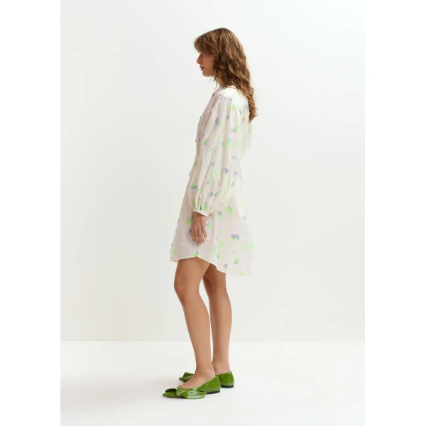 Essentiel Antwerp Off-white knee-length dress with mandarin collar and purple and green embellishments, view 5