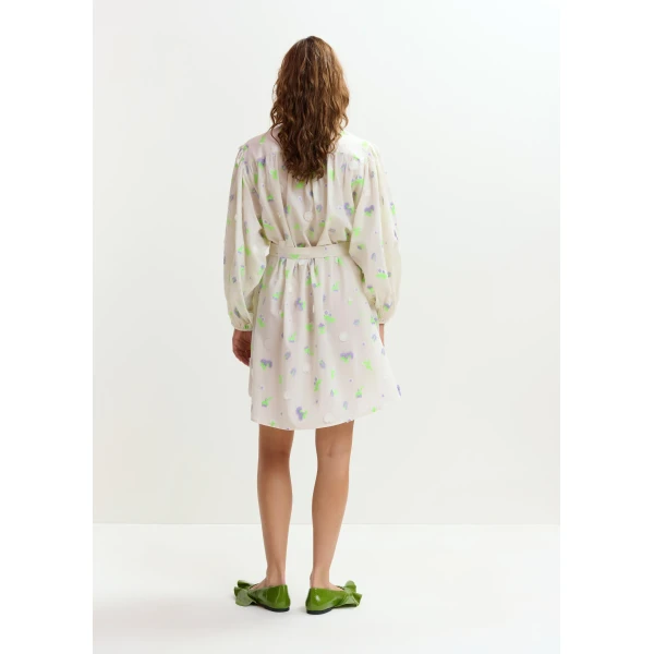 Essentiel Antwerp Off-white knee-length dress with mandarin collar and purple and green embellishments, view 6
