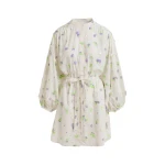 Essentiel Antwerp Off-white knee-length dress with mandarin collar and purple and green embellishments