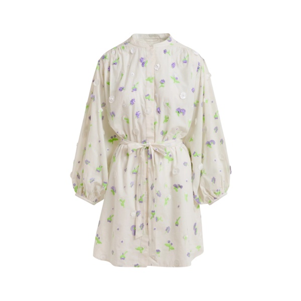 Off-white knee-length dress with mandarin collar and purple and green embellishments