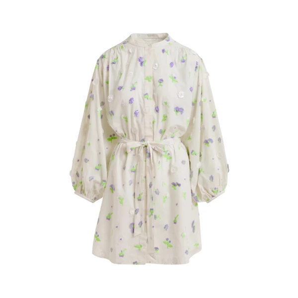 Essentiel Antwerp Off-white knee-length dress with mandarin collar and purple and green embellishments