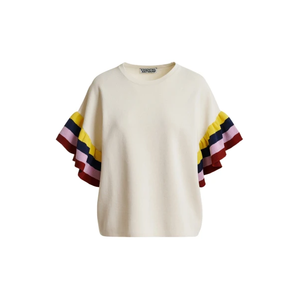 Essentiel Antwerp Off-white knitted top with multicolored striped layered sleeves