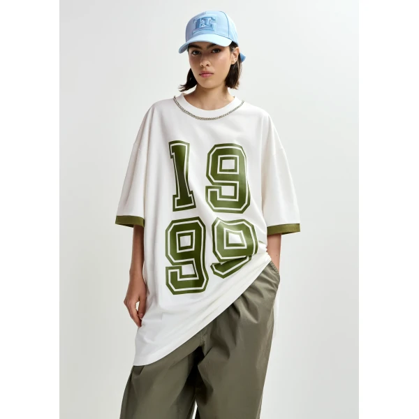 Essentiel Antwerp Off-white oversized cotton T-shirt with rhinestone embellished neckline and green numeric print Dress, view 3