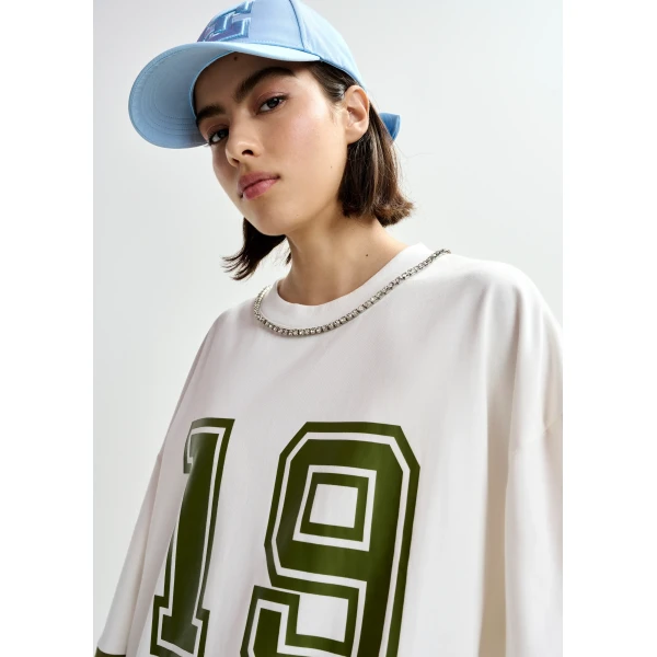 Essentiel Antwerp Off-white oversized cotton T-shirt with rhinestone embellished neckline and green numeric print Dress, view 4