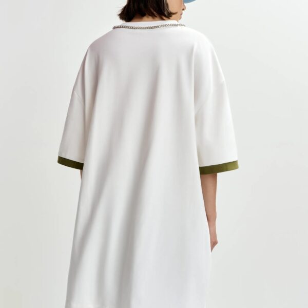 Essentiel Antwerp Off-white oversized cotton T-shirt with rhinestone embellished neckline and green numeric print Dress, view 5