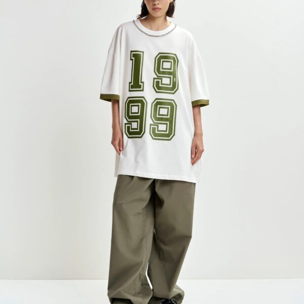 Essentiel Antwerp Off-white oversized cotton T-shirt with rhinestone embellished neckline and green numeric print Dress, view 6