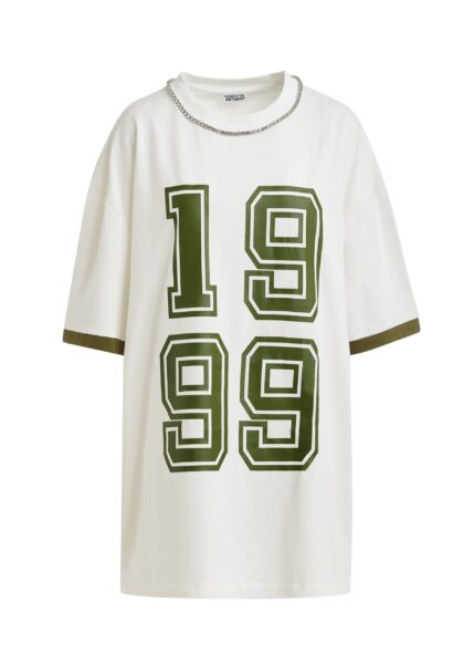 Off-white oversized cotton T-shirt with rhinestone embellished neckline and green numeric print