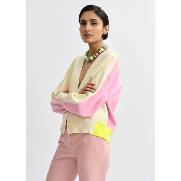 Essentiel Antwerp Off-white, pink and yellow colorblock fine-knit cardigan, view 4